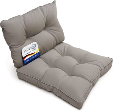 Beautissu Set Loungekussen Outdoor – Zitkussen 50x50 cm & rugkussen 50x40 cm – Weerbestendig Vlekwerend Kussens voor Tuinmeubelen voor Tuinmeubelen Loungekussens Outdoor Zitkussens Lichtgrijs