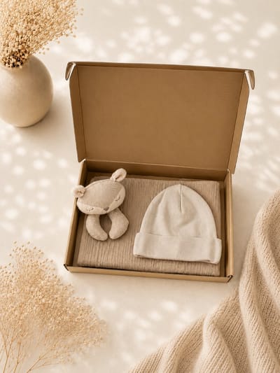 Baby Cadeauset Beige – Knuffeldoek & Babymutsje in Luxe Gouden Geschenkdoos – 100% katoen – Kraamcadeau Babyshower – Kraamcadeau Jongen / Meisje