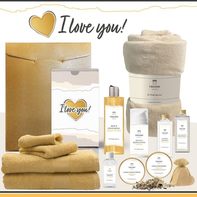 Geschenkset “I Love You!” - 13 producten - 2000 gram | Triomf Original - Giftset voor haar Cadeau Valentijnsdag Luxe wellness cadeaubox Vrouw Ik hou van jou Cadeaupakket Kerst Geschenk Moeder Verjaardag Gift Set Valentijn Vriendin Okergeel Crème
