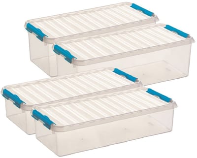 Sunware Q-Line opberg boxen set van 4x stuks - 2 maten - 6.5 en 9.5 liter - kunststof - transparant/blauw
