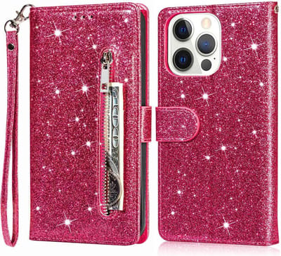 Portemonnee Hoesje - Wallet Case - Rits Sparkly Glitter - Telefoonhoes met Kord Geschikt voor: Apple iPhone 14 Pro Max - Roze
