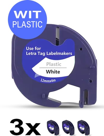 3 Stuks Navulling Geschikt Voor Dymo LetraTag Labelprinter - dymo letratag navulling- Compatible Labels 91201 / S0721610 - Zwart op Wit Plastic - 12 mm x 4 m - Etiketten/Labeltape