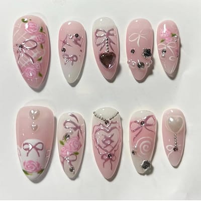 Dailygoods- Nagels 24 Stuks - 3D Handgemaakte Druknagels - Amandelvormig - Bloemen Ontwerp - Herbruikbaar - Inclusief Nagelvijl en Lijm - Kunstnagels
