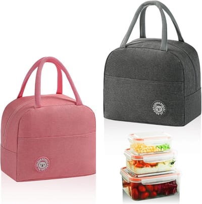 Vouwbare Isolerende Lunchtas, Set van 2, Koeltas voor Fruit en Maaltijden, Compact en Handig 23 x 21 x 13 cm, Grijs en Roze, Perfect als Cadeau
