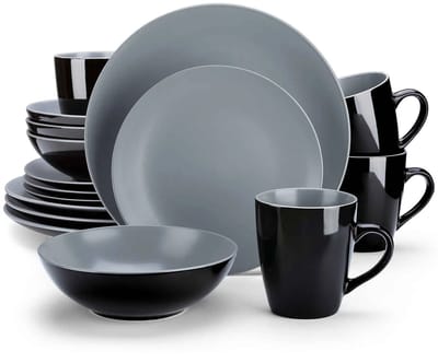 Serviesset - 4 Persoons Servies - Keramiek - Diner- en Dessertborden, Kommen en Kopjes - 16-delige Set - Zwart - Donkergrijs