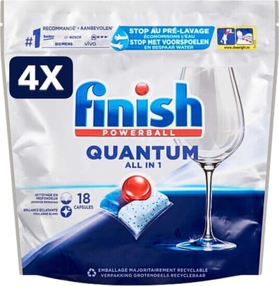 4 x Finish Powerball - Quantum All in 1 - Vaatwastabletten - Stralende Glans - 18 Tabletten
