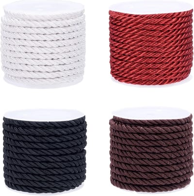 4 Rollen Gedraaide Koorden Trim 3 Ply Gevlochten Koord Macramé Koorden 3mm Zwart Wit Bruin Rood Touw voor Trekkoorden, Gordijnen en Decoratie