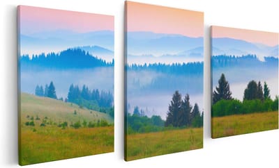 Artaza Canvas Schilderij Drieluik Mistige Heuvel Landschap Met Bossen - 120x60 - Foto Op Canvas - Canvas Print