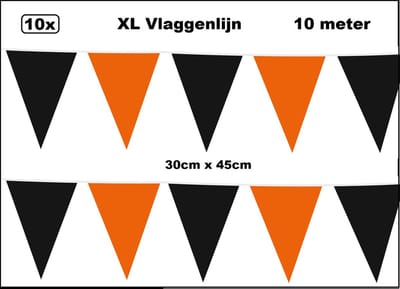 100 meter XL Vlaggenlijn zwart/oranje 30cm x 45cm - 10x vlaggenlijn zwart/oranje 10 meter - Giga vlaglijn themafeest party festival