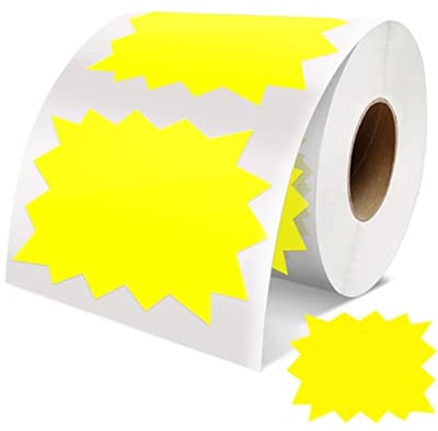 500 Stuks Prijslabels Stickers Geel - 75 mm x 100 mm - Zelfklevende Grote Starburst Borden - Verkoopborden - Verwijderbare Waterdichte Labels voor Retail en Supermarkten