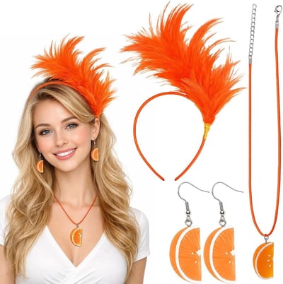 Aperol Kostuum Haarband met Veertjes, Oranje Oorbellen en Ketting voor Carnaval en Halloween Feestjes
