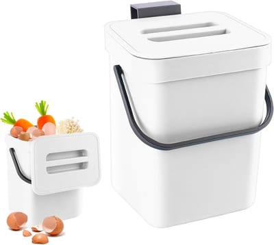 Compost Bin - Kleine Keukenafval Bak - Hangende Bio Afvalcontainer - Werkblad Bak met Deksel - Binnen - 3L Wit