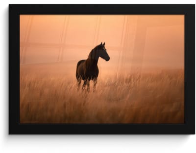 Poster in lijst - Fotolijst 30x20 cm - Posters - Paard - Grasveld - Zonsondergang - Posterlijst zwart - Decoratie - Wanddecoratie woonkamer - Muurdecoratie slaapkamer