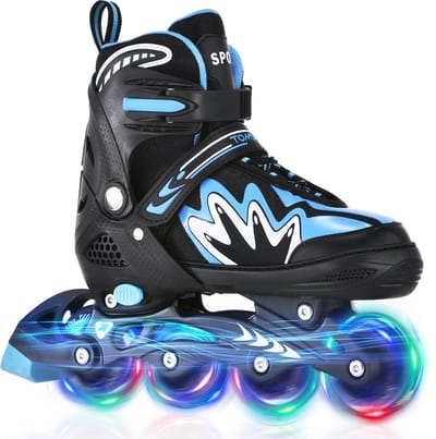 Verstelbare Inline Skates voor Kinderen - Met Lichtgevende Wielen - Voor Jongens en Meisjes - Veilig Drievoudig Sluitingssysteem - Aluminium Frame - ABEC-7 Lagers - Blauw&Zwart - Maat M (35–38)