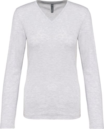 Kariban Dames t-shirt V-hals lange mouwen K382 - Ash Heather - 3XL