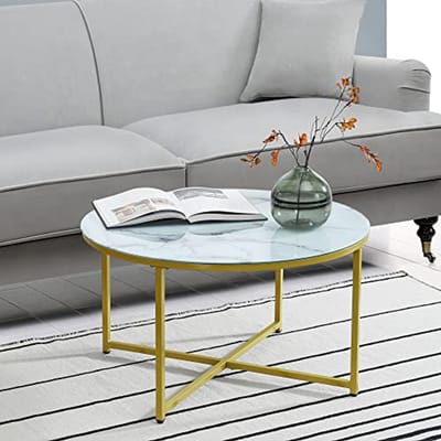 Salontafel Rond 45xØ80 cm met Marmer Look en Goudkleurige Accenten