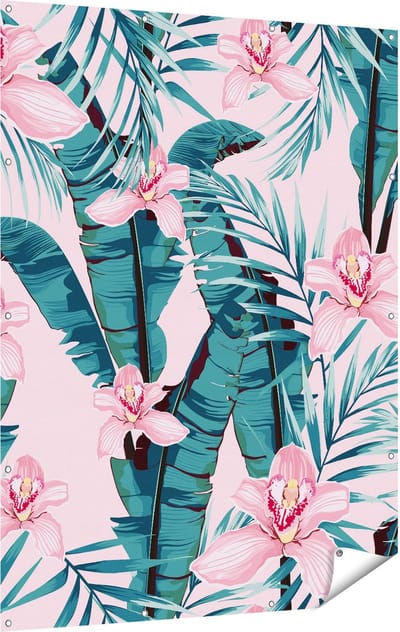 Gards Tuinposter Tropische Roze Zomer Bloemen met Bladeren - 120x160 cm - Tuindoek - Tuindecoratie - Wanddecoratie buiten - Tuinschilderij