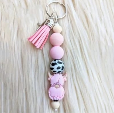 Sleutelhanger, tashanger met roze koe