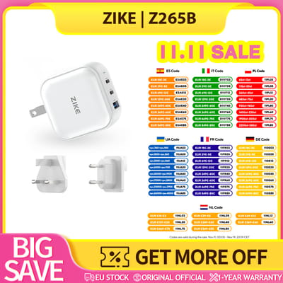 ZIKE Z265B 66W GaN USB-C 3-poorts wandlader, met een breed spanningsbereik (100-240V), uitgerust met ETL- en CE-certificeringen, snelladen, veilig laden, compact, reisvriendelijk ontwerp