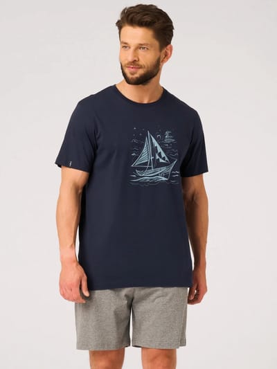 Key Katoenen Heren Pyjama Korte Mouw Print Navy Grijs MNS 731 L