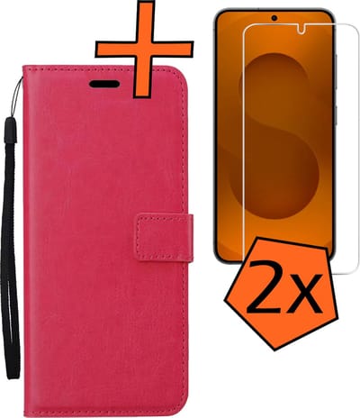 Hoes - Met 2x Screenprotector - Geschikt voor Samsung Galaxy S25 - Luxe Pasjeshouder - Bookcase Portemonee - Flip Case - Kunstleer Book Case - Flipcase Hoes - Book Cover - Walletcase - PortemonneeHoes - Donkerroze