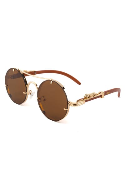 KIMU® Zonnebril Panter Rond - Goud Montuur - Bruin Glazen - Volwassenen Kunststof Luxe Luipaard Cheetah Mode Miljonair Rijkdom Influencer Festival