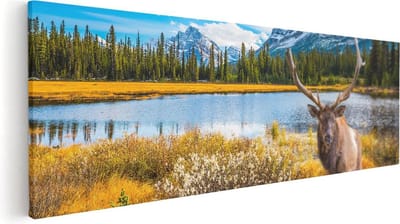 Artaza Canvas Schilderij Hertenkop Met Gewei - 60x20 cm - Wanddecoratie Bergen - Muurdecoratie Herfst - Kamer Accessoires