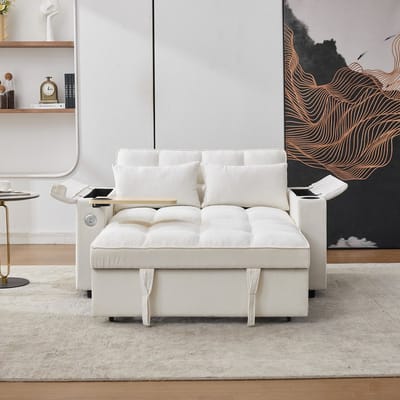 DESMIU Slaapbank 140,5 x 74 x 82 cm - 2-Zits Uitklapbaar Met Verstelbare Rugleuning, USB En Type C - Voor Woonkamer - Stof Beige