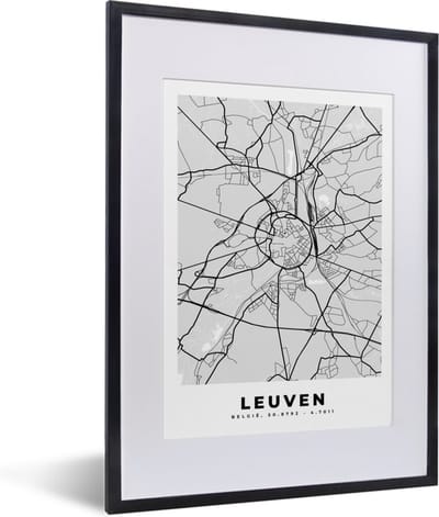 Fotolijst incl. Poster Zwart Wit- Zwart Wit – België – Plattegrond – Stadskaart – Kaart – Leuven - 30x40 cm - Posterlijst