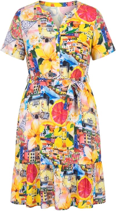 MIAMODA - Dames - Jurk A-lijn all-over print taille met strikceintuur - Multicolor - Maat 50