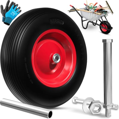 MASKO® PU Kruiwagenwiel Massief Rubber 4.80/4.00-8 Ø 390mm inclusief As - Vervangwiel voor Kruiwagen Tuinwagen PU Wiel - Zwart / Rood