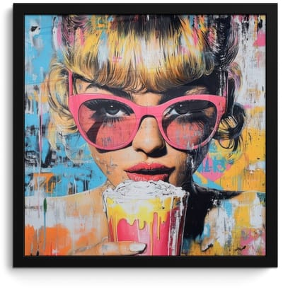 Poster in lijst - Fotolijst 40x40 cm - Posters - Zonnebril - Vrouw - Kleurrijk - Verfspetters - Posterlijst zwart - Decoratie - Wanddecoratie woonkamer - Muurdecoratie slaapkamer
