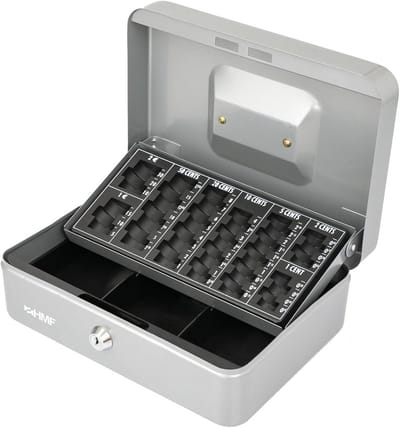 Geldcassette - Kassa met slot - Geld opbergen - Met munttelplank - 25 x 18 x 9 cm - Zilver