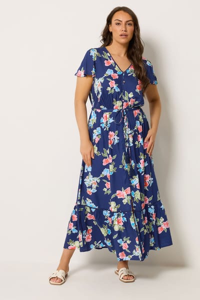Yours Blauwe Jurk Met Bloemenprint En Mouwen Size 42
