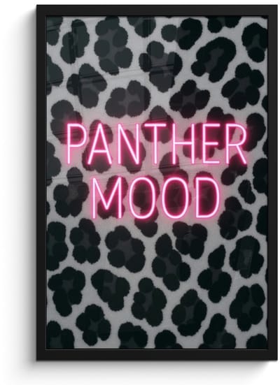 Poster in lijst - Fotolijst 40x60 cm - Posters - Panterprint - Zwart - Neonletters - Roze - Posterlijst zwart - Decoratie - Wanddecoratie woonkamer - Muurdecoratie slaapkamer