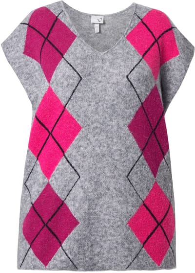 Ulla Popken - Dames - Slipover V-hals ruitmotief mouwloos - Grijs melange - Maat 42+