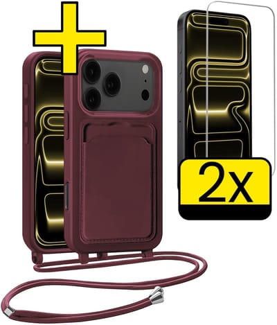 Hoesje Geschikt voor iPhone 17 Pro Telefoonhoesje Met Koord Case Pashouder Met 2x Screenprotector Siliconen - Hoes Geschikt voor iPhone 17 Pro Hoesje Met Kaarthouder - Aubergine