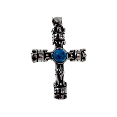 44 mm x 22 mm Kruishanger Heren - Gepolijst RVS - Koninklijk Kruis met Turquoise Steen