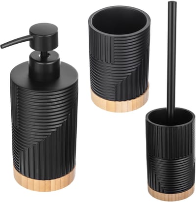 KADAX Set van 3 voor badkamer, tandenborstelbeker, afwasmiddeldispenser en toiletborstel, decoratieve tandenborstelbeker, moderne zeepdispenser, wc-garnituur (rond zwart)