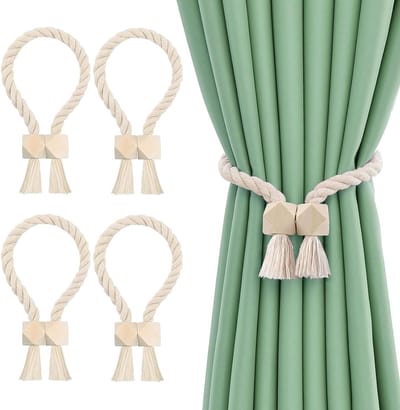 Dailygoods- Gordijnhouder Magnetisch - Houten Kwasten - Katoenen Touw - 4 Stuks - Duurzaam - Eenvoudig in Gebruik - Decoratief Element - Gordijnclips