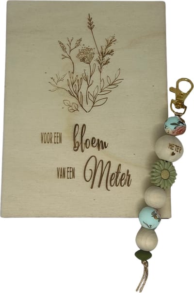 Sleutelhanger en houten kaartje liefste Meter | GROEN | bloem | jij bent de liefste | liefste meter | moolste peter | cadeau