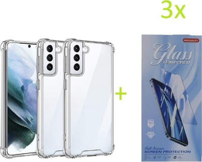 Shockproof Hoesje Geschikt voor: Samsung Galaxy S21 - Anti Shock Silicone Bumper - Transparant + 3X Tempered Glass Screenprotector