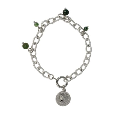 My Bendel - Schakelarmband Zilverkleurig met Muntbedel en Moss Agate Edelsteen - Zilverkleurige Schakelarmband met Moss Agate Kralen - met Luxe Cadeauverpakking | Sieraden Voor Dames