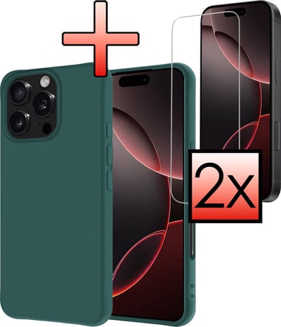 Hoesje - Met 2x Screenprotector - Geschikt voor Apple iPhone 16 Pro - Sterk & Shockproof - Back Cover - Siliconen Case - Telefoon Hoes - Donkergroen