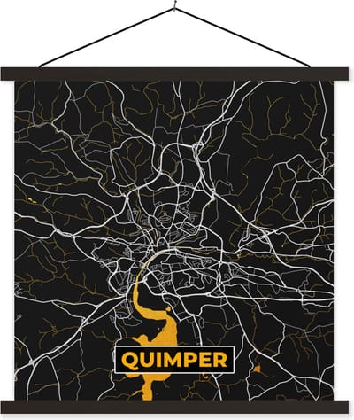 Posterhanger incl. Poster 60x60 cm - Schoolplaat - Stadskaart – Plattegrond – Kaart - Quimper – Frankrijk - Textielposter - Zwarte latten - Stadskaart