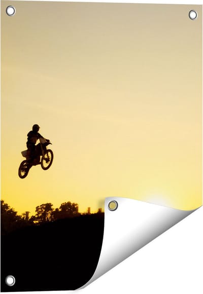 Gards Tuinposter Silhouet van een Motorcross bij Zonsondergang - 40x50 cm - Tuindoek - Tuindecoratie - Wanddecoratie buiten - Tuinschilderij