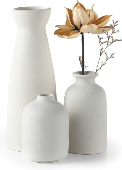 PolkaHome white keramische vazen, set van 3 kleine bloemenvazen voor decoratie, moderne rustieke woondecoratie op de boerderij, decoratieve vazen voor pampagras en gedroogde bloemen, ideeënplank, tafel, boekenplank, schoorsteenmantel