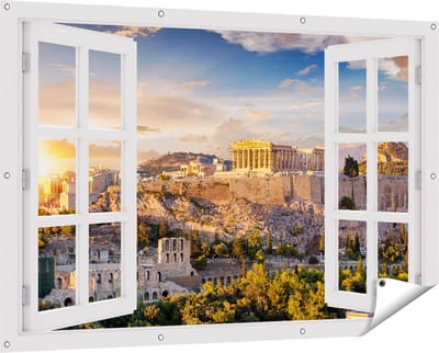 Gards Tuinposter Doorkijk Akropolis van Athene, Griekenland - Architectuur - 150x100 cm - Tuindoek - Tuindecoratie - Wanddecoratie buiten - Tuinschilderij