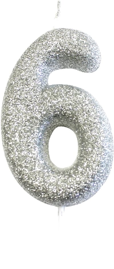 ANNIVERSARY HOUSE - Kaars op prikker cijfer 6 zilver glitter 7 cm voor verjaardagstaart