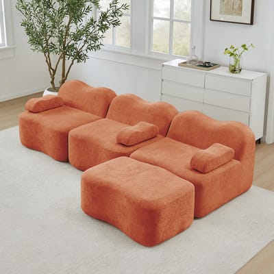 BLACKCOLORS Modulaire 3-zits hoekbank in L-vorm met 1 chaise longue, 32D-schuim met hoge dichtheid, golvende vorm, diepe zitting, afneembaar armleuningkussen, voor de woonkamer, oranje